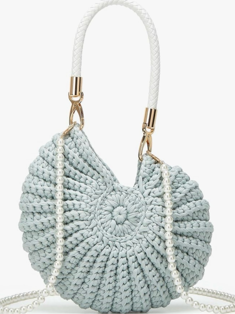 Light Blue Crochet Seashell Shoulder Bag Round Pearl Strap Summer Beach New